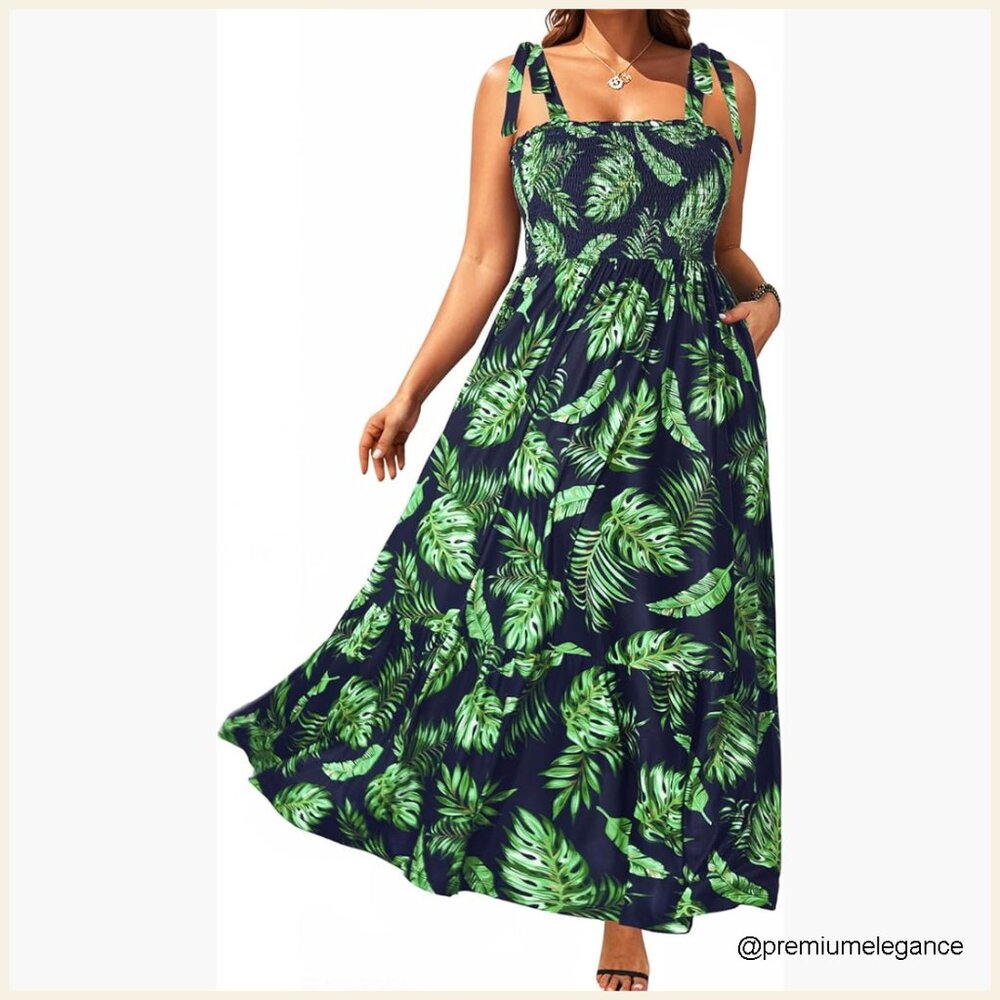 Plus Size Summer Maxi Dress Smocked Bust Long Sundress With Pockets